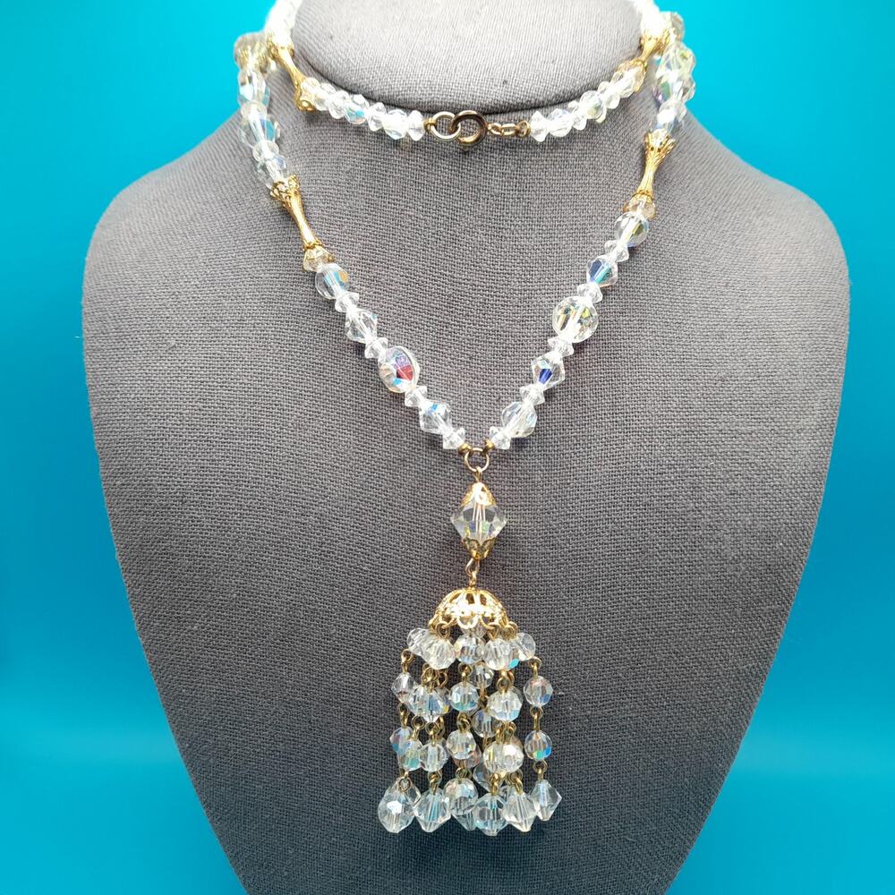 Clear Aurora Borealis Tassel Necklace, Bicone Round Crystal Beads, Vintage